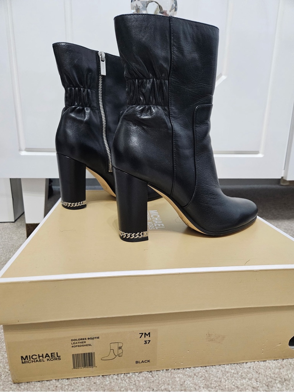 MICHAEL Michael Kors Black Leather Chain-Trim Block Heel Boots